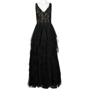 Aidan Mattox | Black Nude Lace V-Neck Gown with Tiered Tulle Ruffled Skirt